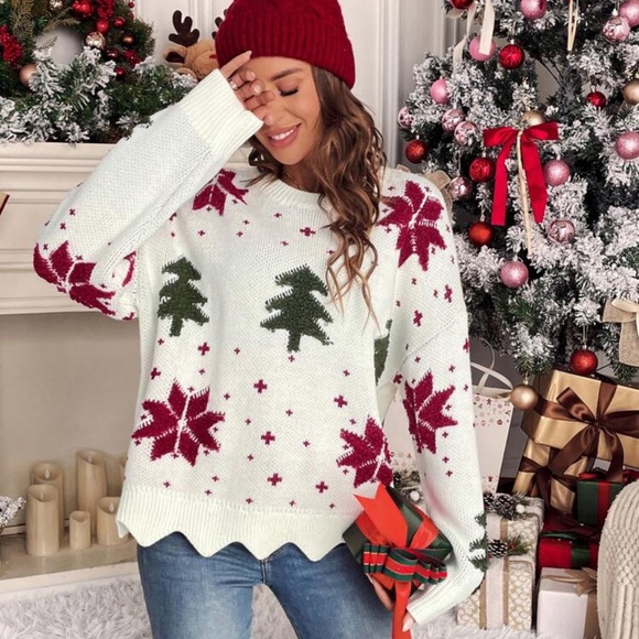 Christmas Pattern Drop Shoulder Scallop Trim Sweater In...